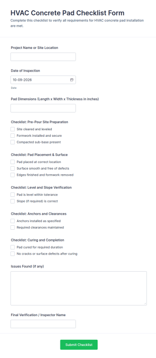 HVAC Concrete Pad Checklist Form Template