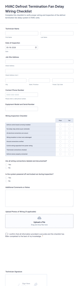 HVAC Defrost Termination Fan Delay Wiring Checklist Form Template