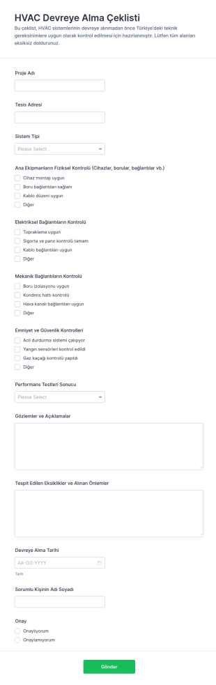 HVAC Devreye Alma Kontrol Listesi Form Şablonu