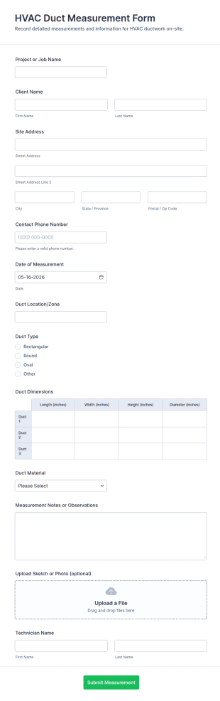 HVAC Duct Measurement Form Template
