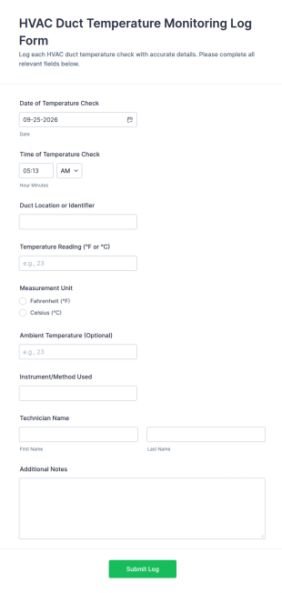 HVAC Duct Temperature Monitoring Log Form Template