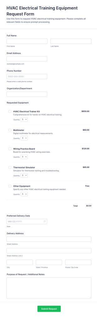 HVAC Electrical Training Equipment Request Form Template
