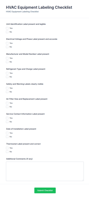 HVAC Equipment Labeling Checklist Form Template