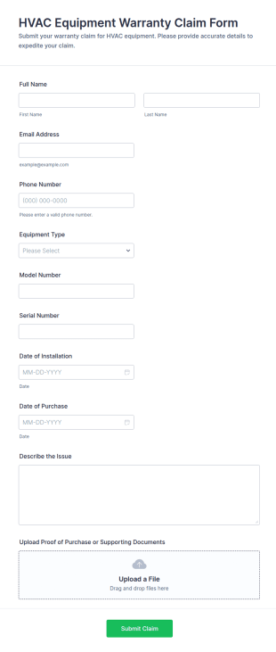 HVAC Equipment Warranty Claim Form Template