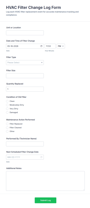 HVAC Filter Change Log Form Template