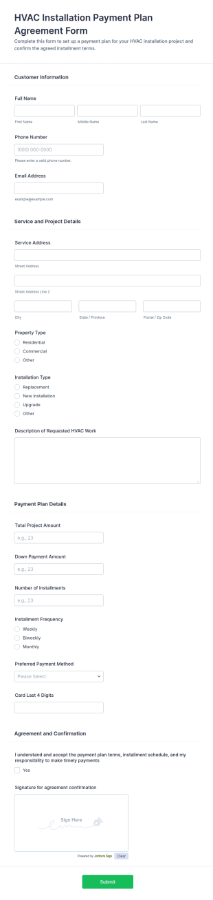HVAC Installation Payment Plan Agreement Form Template