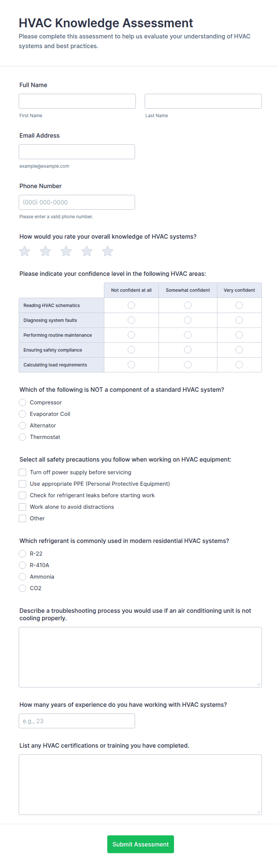 HVAC Knowledge Assessment Form Template | Jotform