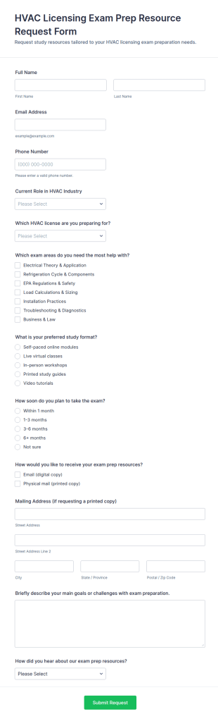 HVAC Licensing Exam Prep Resource Request Form Template