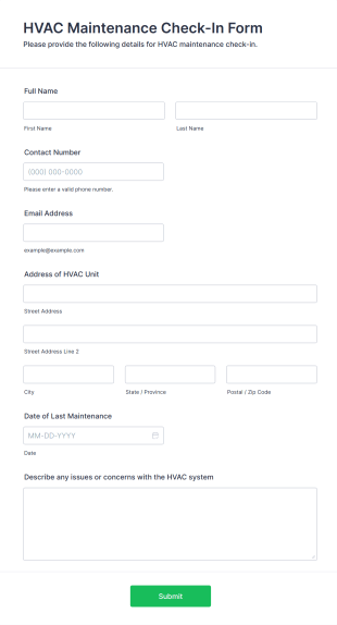 HVAC Maintenance Check In Form Template