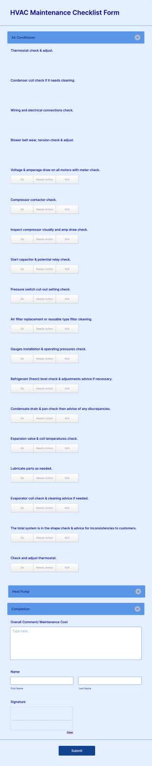 HVAC Maintenance Checklist Form Template
