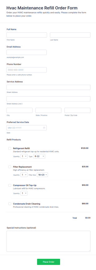 Hvac Maintenance Refill Order Form Template
