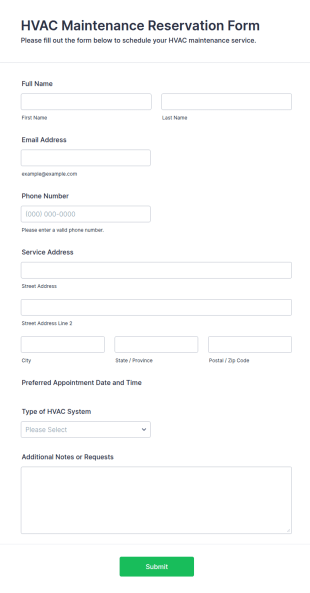 HVAC Maintenance Reservation Form Template