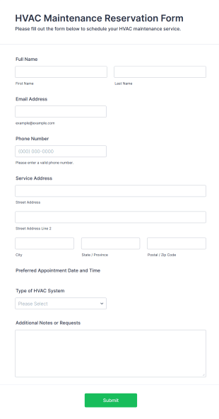 HVAC Maintenance Reservation Form Template