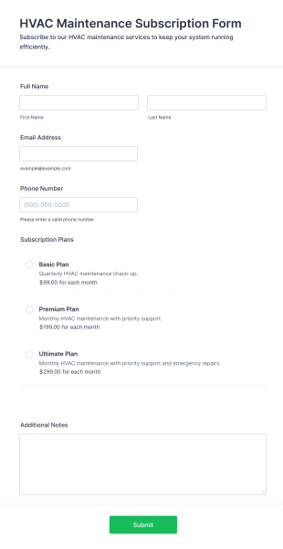 HVAC Maintenance Subscription Form Template