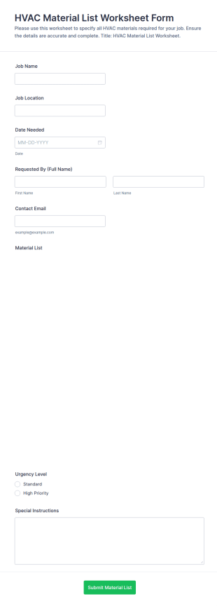 HVAC Material List Worksheet Form Template