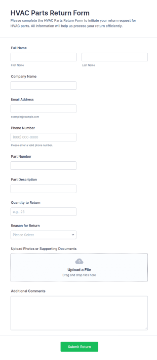 HVAC Parts Return Form Template