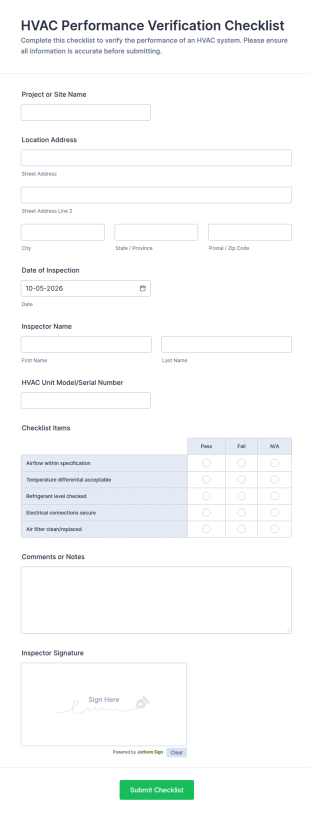 HVAC Performance Verification Checklist Form Template