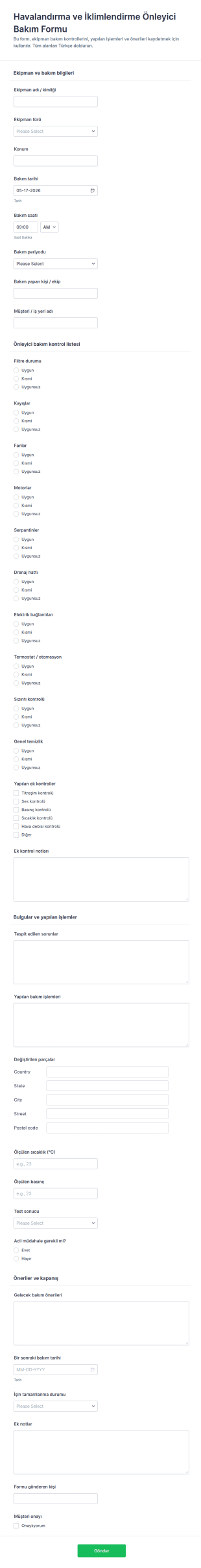 HVAC Periyodik Bakım Form Şablonu