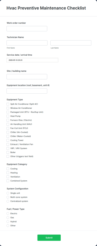 Hvac Preventive Maintenance Checklist Form Template