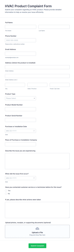 HVAC Product Complaint Form Template