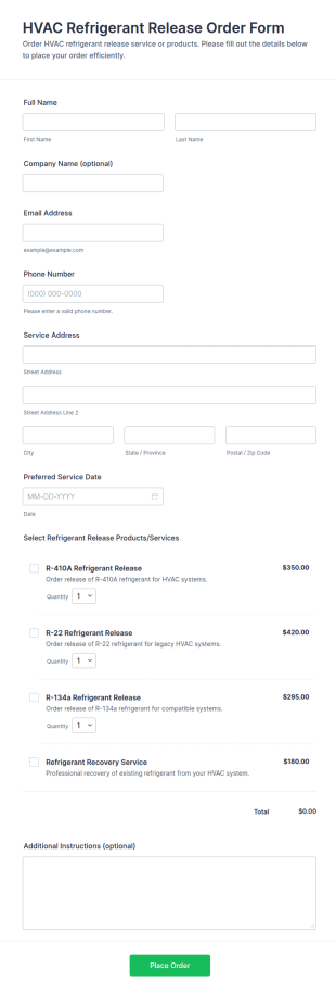 HVAC Refrigerant Release Order Form Template