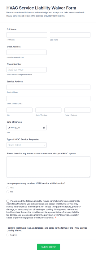 HVAC Service Liability Waiver Form Template