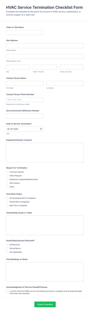 HVAC Service Termination Checklist Form Template
