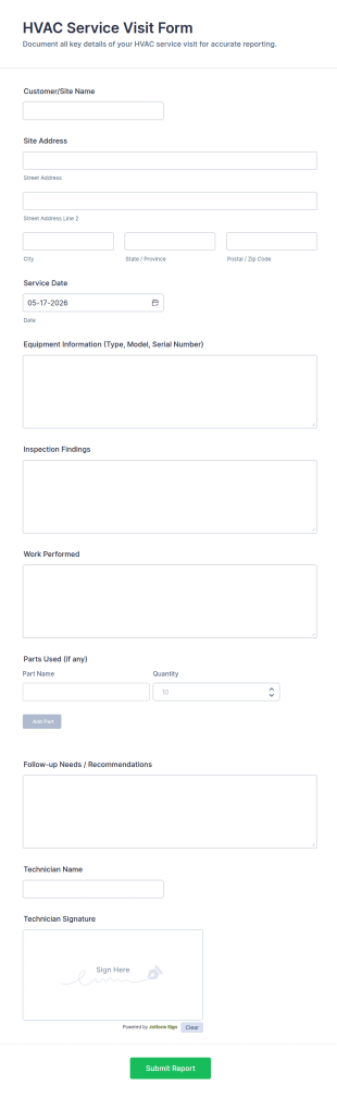HVAC Service Visit Report Form Template