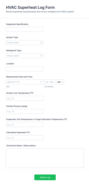 HVAC Superheat Log Form Template