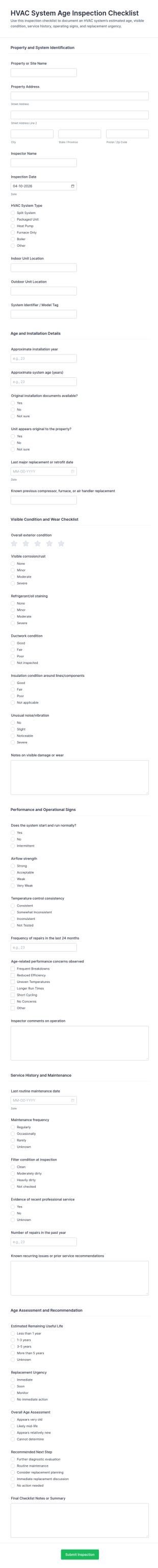 HVAC System Age Inspection Checklist Form Template