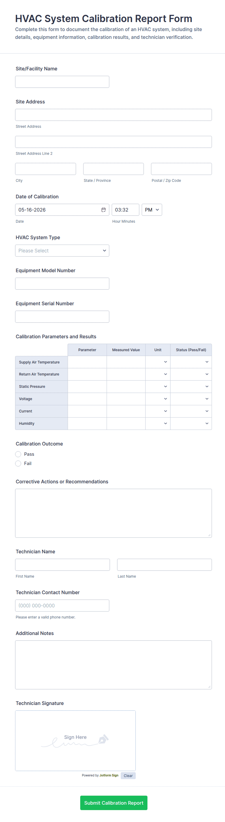 HVAC System Calibration Report Form Template | Jotform