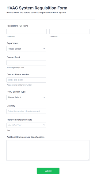 HVAC System Requisition Form Form Template