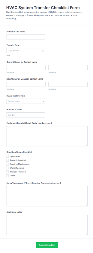 HVAC System Transfer Checklist Form Template