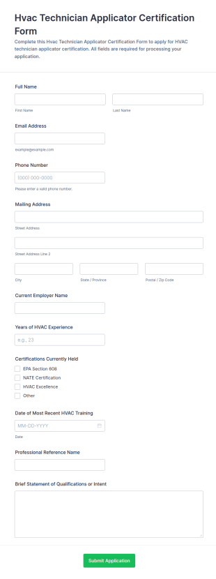 HVAC Technician Applicator Certification Form Template