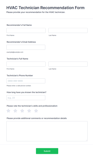 HVAC Technician Recommendation Form Form Template