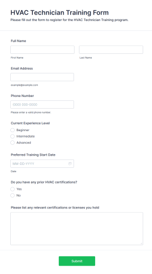 HVAC Technician Training Form Form Template