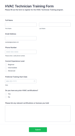 HVAC Technician Training Form Template