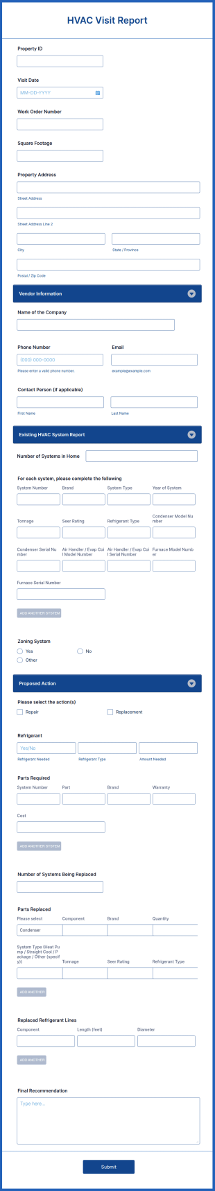 HVAC Visit Report Form Template
