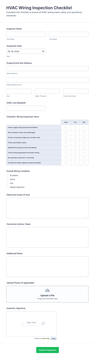 HVAC Wiring Inspection Checklist Form Template