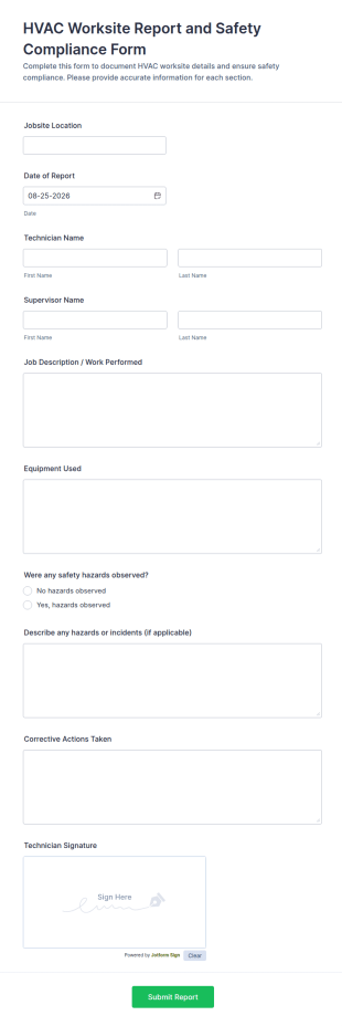 HVAC Worksite Report And Safety Compliance Form Template