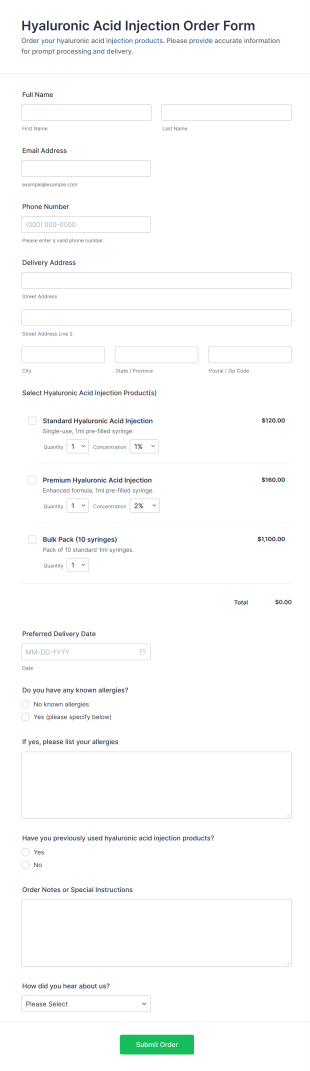 Hyaluronic Acid Injection Order Form Template