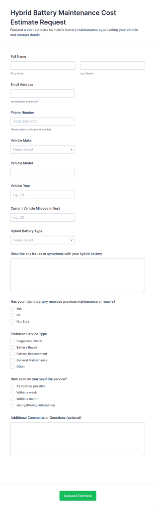 Hybrid Battery Maintenance Cost Estimate Request Form Template