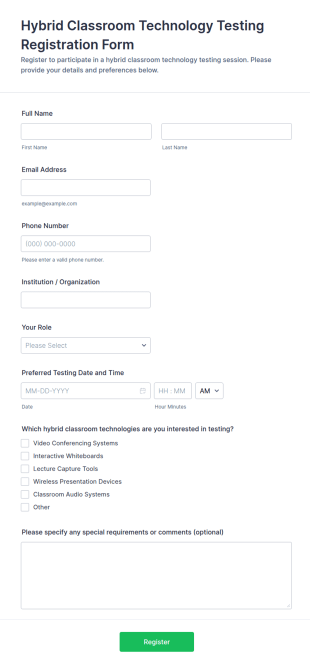 Hybrid Classroom Technology Testing Registration Form Template