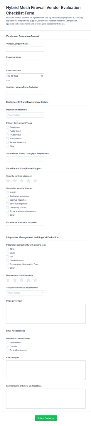 Hybrid Mesh Firewall Vendor Evaluation Checklist Form Template