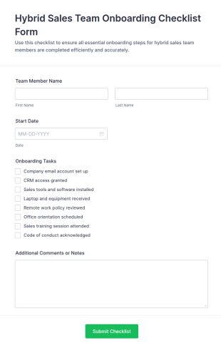 Hybrid Sales Team Onboarding Checklist Form Template