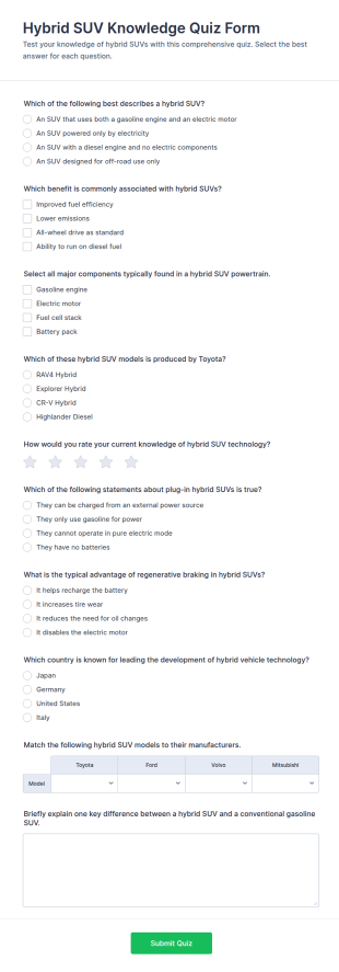 Hybrid SUV Knowledge Quiz Form Template