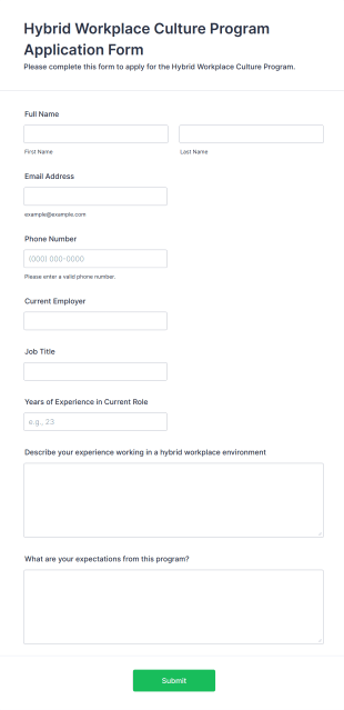 Hybrid Workplace Culture Program Application Form Form Template