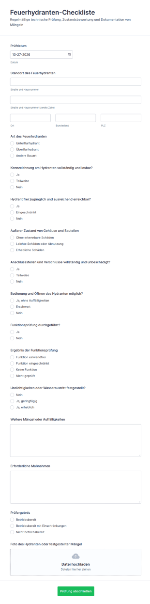 Hydranten Überprüfungsbogen