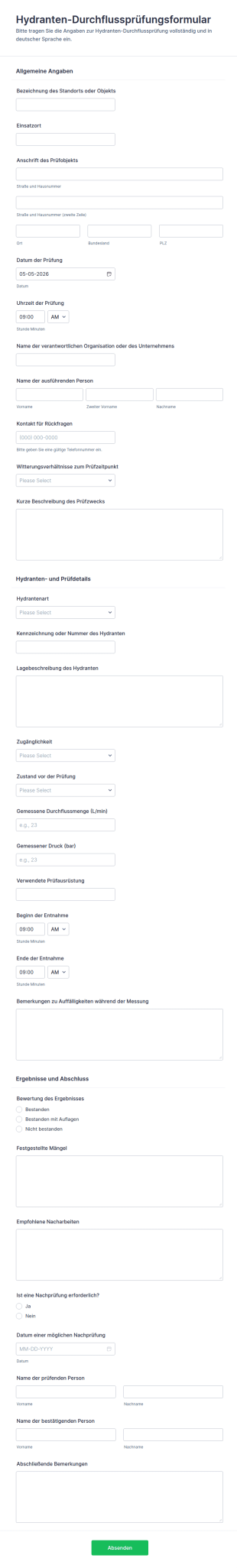 Hydrantenwasserdrucktest Formular