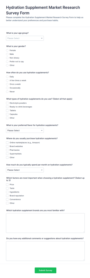 Hydration Supplement Market Research Survey Form Template
